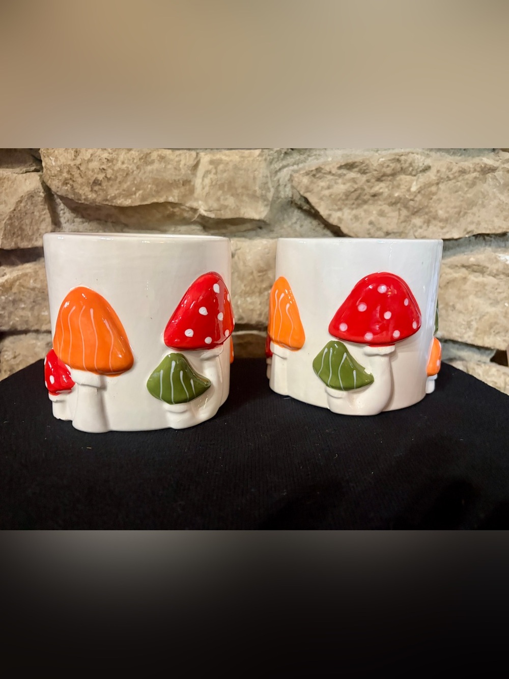 NWT Ceramic Mushroom Planter Pair - White with Red, Orange and Green Accents